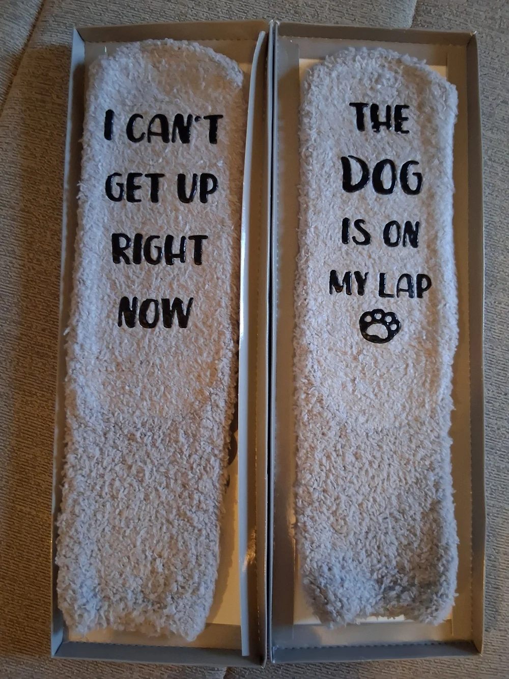 Cozy Gray Fuzzy Slipper Socks with Dog Paw Message NIB